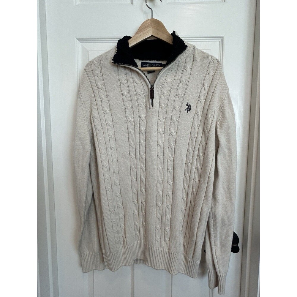 U.S. Polo Assn. Men's Beige Cable Knit 1/4 Zip Mock Neck Sweater M